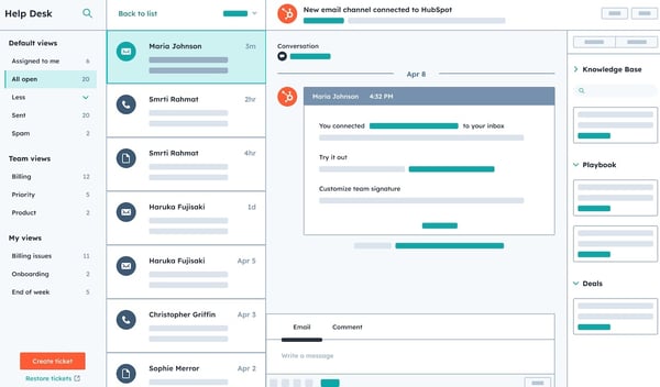 Simplified user interface in HubSpot showing the HubSpot help desk interface 