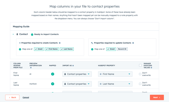 hubspot user interface showing ability to map columns to contact properties