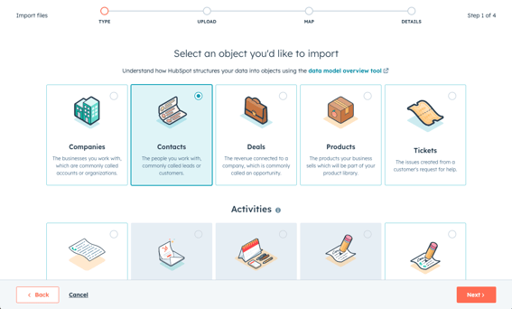 hubspot user interface showing objects to import
